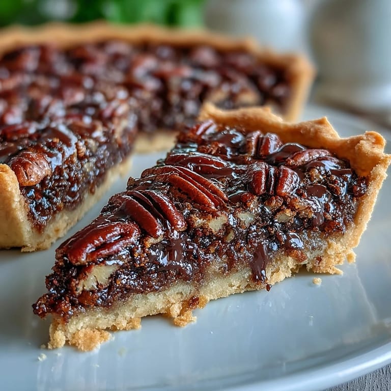 Closeup of a slice of Kentucky Derby Chocolate Bourbon Pecan Tart.