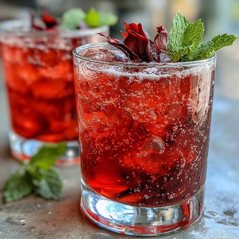 Garnished Sparkling Hibiscus Mint Lemonade Mocktail ready to serve on a summer day.