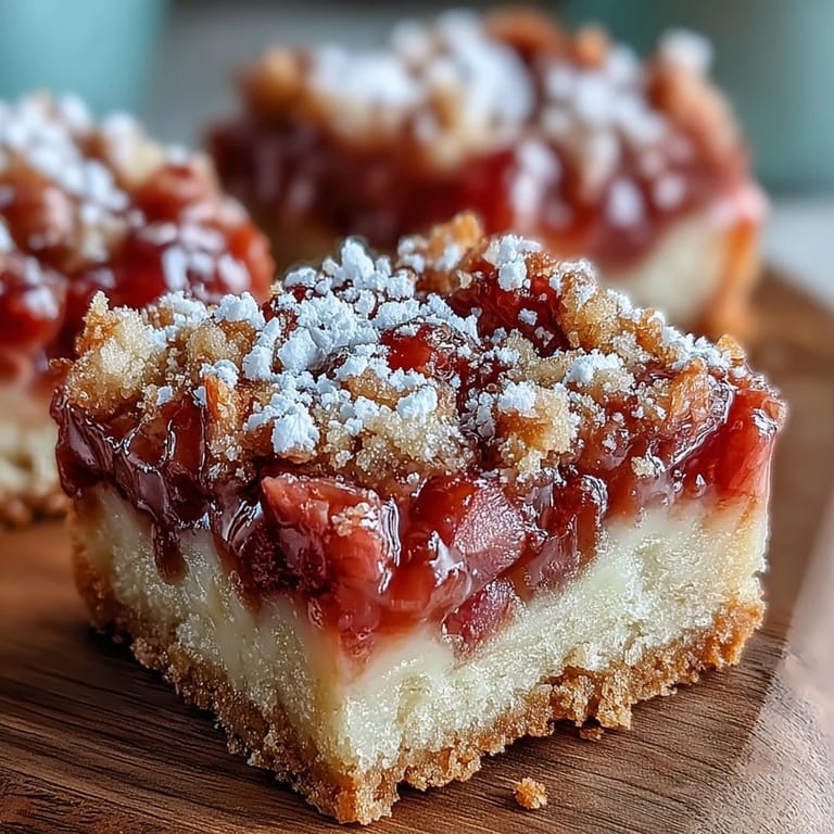 Sweet, tangy Rhubarb Custard Bars on buttery shortbread, a perfect treat.
