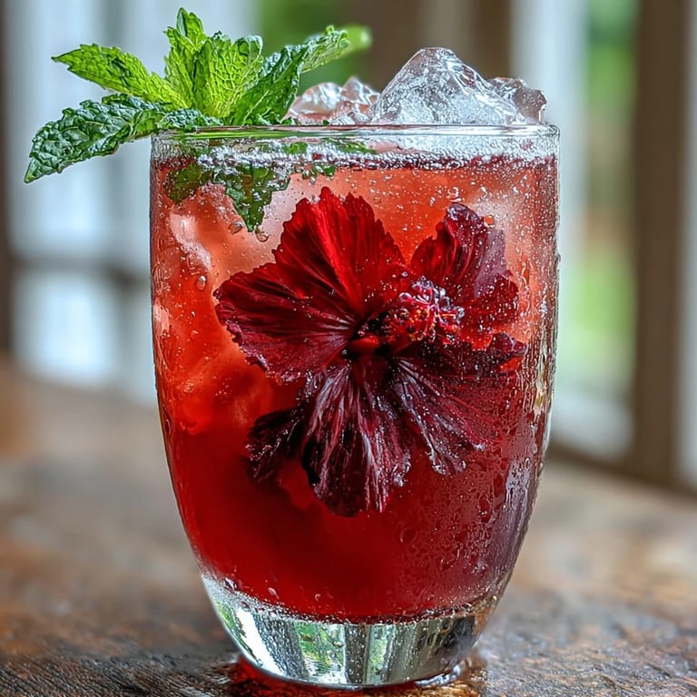 Close-up of chilled Sparkling Hibiscus Mint Lemonade Mocktail with fresh mint and lemon.