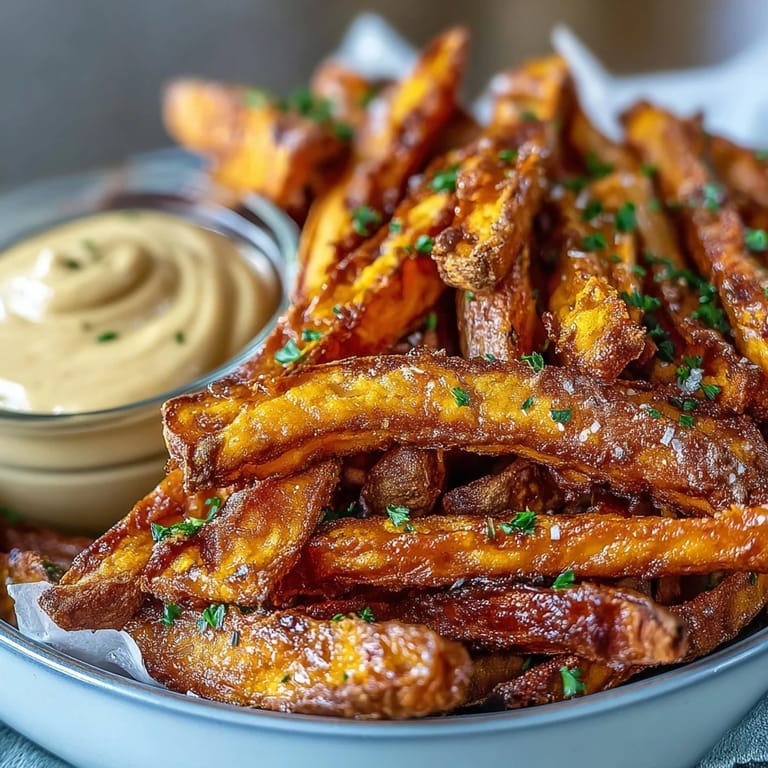 Crispy, seasoned air fryer sweet potato fries piled high next to zesty aioli.