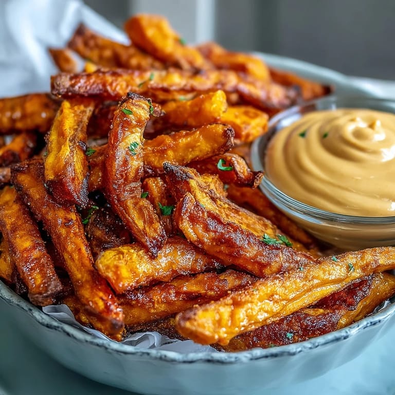 Delicious air fryer sweet potato fries, hot and ready for their smoky aioli dip.