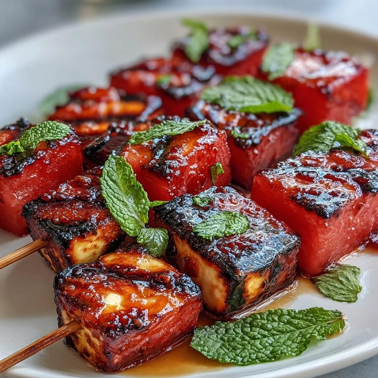 Grilled Halloumi and Watermelon Skewers with Mint: golden cheese and red fruit glistening.