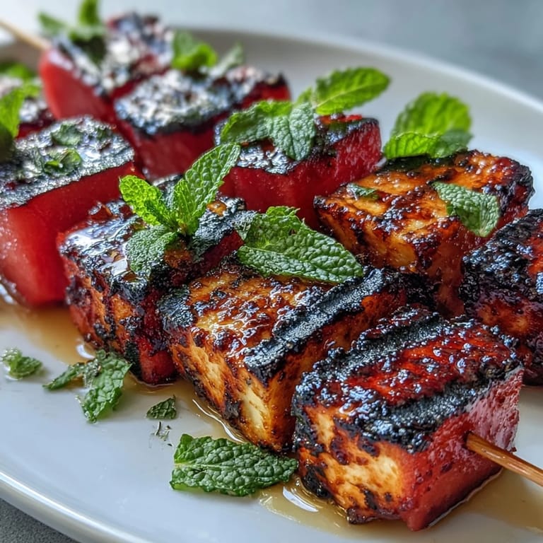 Summer appetizer: Grilled Halloumi and Watermelon Skewers with Mint, fresh and bright.