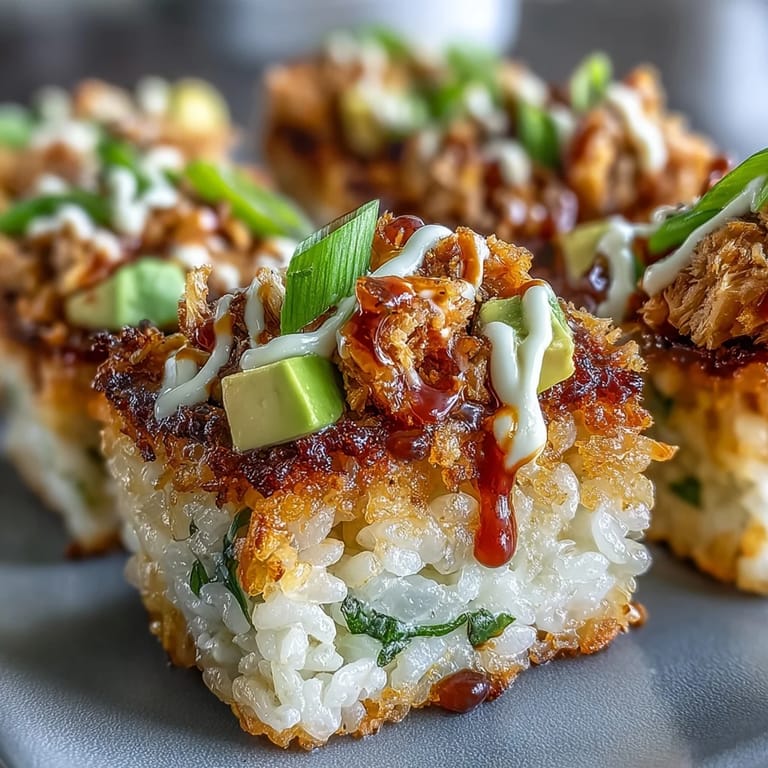 Delectable Spicy Tuna Crispy Rice Bites, artfully garnished and ready to serve.