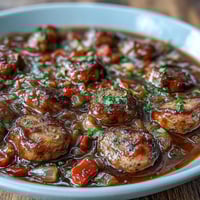 A warm, tangy bowl of Crock Pot BBQ Cocktail Sausage Soup, garnished with fresh parsley and served with crusty bread.