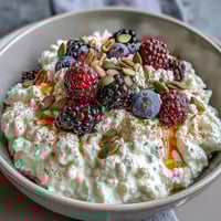 Wholesome cottage cheese breakfast bowl with juicy berries and crunchy seeds, drizzled with honey for a nourishing start.