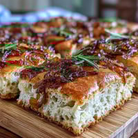 Golden sourdough focaccia topped with sweet caramelized onions and fresh rosemary, baked to golden perfection in a rustic pan.
