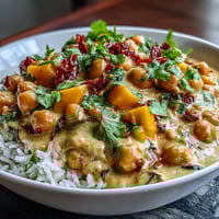 A vibrant vegan curry with sweet mango, creamy coconut, and tender chickpeas served over fluffy jasmine rice.  