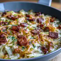 Creamy cabbage and ham skillet with tender vegetables in a rich, cheesy sauce for a comforting low-carb dinner.  