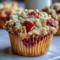 Golden strawberry muffins topped with a buttery crumble and fresh lemon zest, perfect for a sweet breakfast or snack.