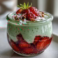 Strawberry matcha layered chia pudding jars with vibrant red strawberry puree, creamy matcha yogurt, and black chia seeds in clear glass jars.