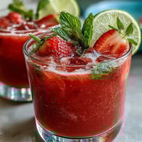 Vibrant strawberry watermelon daiquiri mocktail garnished with fresh mint and lime, served in chilled glasses.  