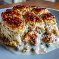 Golden, creamy chicken pot pie topped with fluffy, golden-brown biscuit crust straight from the oven.