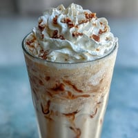 A creamy, frosty vanilla bean frappuccino protein shake topped with whipped cream, perfect for a post-workout breakfast or healthy indulgence.  