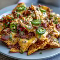 Hearty Loaded Baseball Nachos with beef, cheese sauce, and jalapeños, baked to perfection for game day snacking.