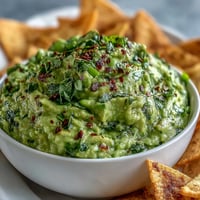 Creamy edamame guacamole with ripe avocado and fresh lime, served with crispy golden pita chips for a healthy snack.