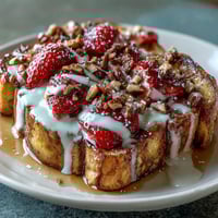 Spring brunch strawberry French toast bake with golden brioche and fresh berries, baked until custardy and topped with almonds.  