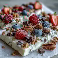 Frozen Yogurt Bark with Berries and Granola: A colorful, refreshing frozen treat with creamy yogurt, juicy berries, and crunchy granola.