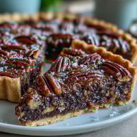 Rich chocolate bourbon pecan tart, golden brown and ready for serving.