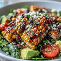 Vibrant Grilled Corn and Black Bean Taco Salad with creamy avocado and crunchy chips.