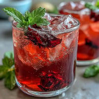 Vibrant Sparkling Hibiscus Mint Lemonade Mocktail glasses brimming with ice, perfect refreshment.