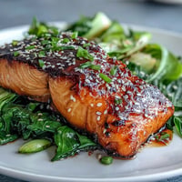 Miso glazed salmon with sesame bok choy, glistening and perfectly cooked.
