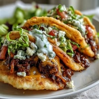 Cloud bread tacos piled high with savory seasoned beef and fresh toppings.